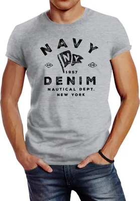 Produktbild von Herren T-Shirt Vintage Motiv Schriftzug Navy Denim Nautical New York Neverless® grau XXL