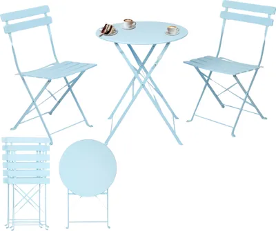 A collage of a light blue metal bistro set, including a round table and two chairs, with some chairs shown folded.