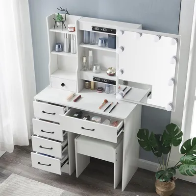 Image de Table de maquillage avec éclairage LED et tabouret, table de coiffure avec miroir, 3 températures de couleur, 5 tiroirs, 4 étagères, en MDF