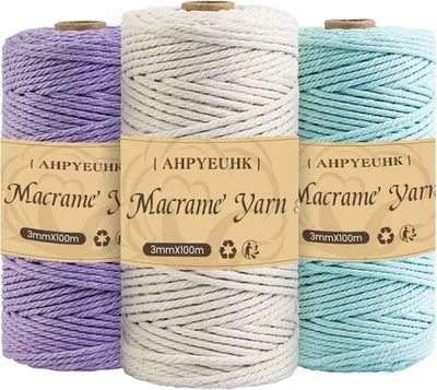 Imagen del producto de Kit de macramé, 3 carretes de 100 metros, diámetro de 3 mm, cuerda de algodón para proyectos creativos