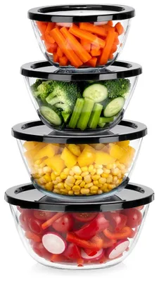 Produktbild von Glasschüssel-Set mit Deckeln, 4 Größen, platzsparend ineinander stapelbar