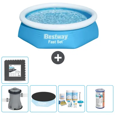 Immagine prodotto di Piscina gonfiabile rotonda Bestway Fast-Set - 244 x 61 cm - blu - inclusa copertura della pompa - pacchetto manutenzione - filtro - piastrelle per il pavimento