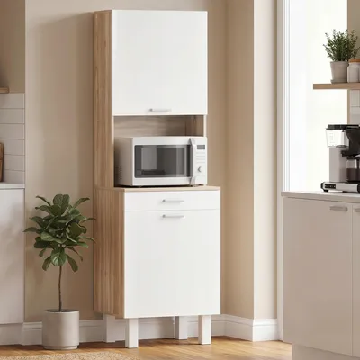 Produktbild von Küchenschrank Highboard Modern, Buffet Anrichte aus Holzwerkstoff in Eiche-Optik & Weiß, Mikrowellenschrank mit Arbeitsplatte, 2 Türen, 1 Schublade, 55x40x174 cm