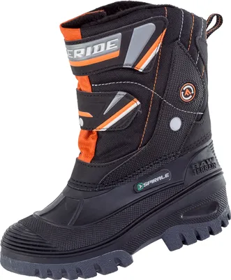 A single black and orange winter boot for children.
