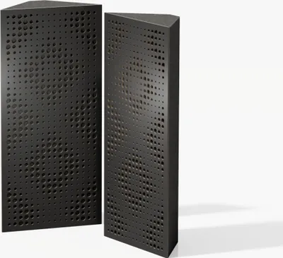 Two black acoustic bass traps with a perforated pattern are shown against a white background.
