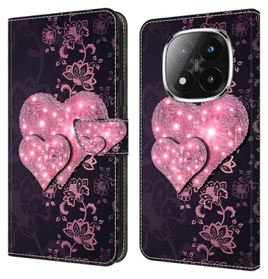 Produktbild von CLM-Tech Handyhülle kompatibel mit Xiaomi Redmi Note 14 Pro Plus 5G Hülle - Tasche aus Kunstleder - Klapphülle mit Ständer und Kartenfächern - Schutzhülle Wallet Case Cover rosa Herzen