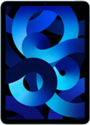 A tablet device displaying a blue abstract wallpaper.