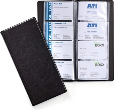 A black business card holder is shown open, displaying multiple business cards inside. A portion of the holder is angled away from the main body.