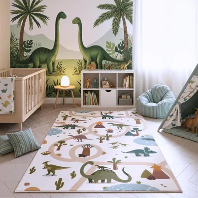 Image de Homebyhome Tapis enfant dinosaures tapis de jeu pour chambre enfant couleur crème idéal comme tapis de jeu Taille: 120x170 cm