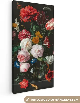 Produktbild von MuchoWow® - Leinwandbilder - Stilleben mit Blumen in einer Glasvase - Gemälde von Jan Davidsz. de Heem, Wandbild, Wanddeko Bilder Wohnzimmer, 20x40 cm