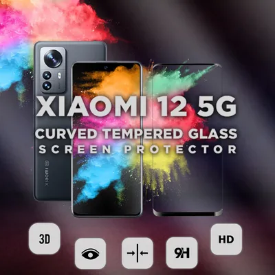 A marketing image for a Xiaomi 12 5G curved tempered glass screen protector, featuring the phone and the screen protector with colorful powder explosions.