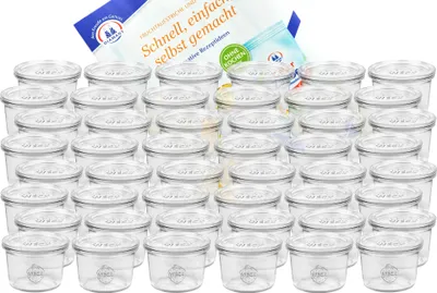 Produktbild von 48er Set Weck Gläser 80ml Sturzgläser mit 48 Glasdeckeln inkl. Diamant Gelierzauber Rezeptheft