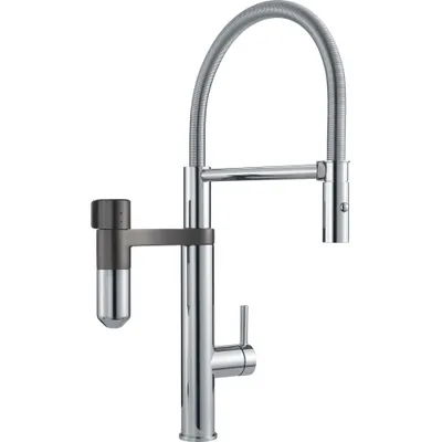 A chrome kitchen faucet with a flexible hose and a separate water filter attachment.