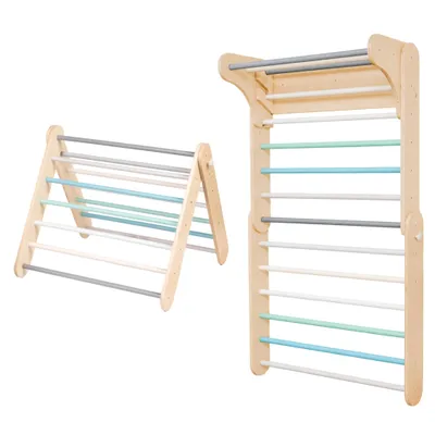 Image de Ensemble Triangle d’escalade et Mur Suédois 2en1, Intérieur, Montessori, Bois, Pastel