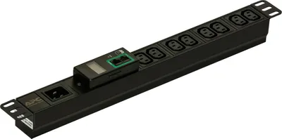 Produktbild von APC Easy Rack PDU, Metered, 1HE, 1-phasig, 3.7kW, 230V, 16A, 8 C13 Ausgänge, IEC60320 C20 Eingang, Messgerät, 1U, Einphasig, Horizontal, Aluminium, Schwarz