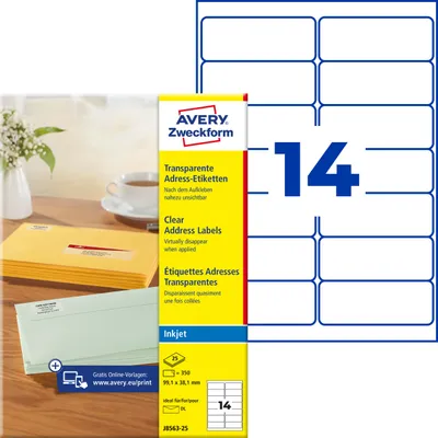 Produktbild von Avery Zweckform J8563-25, Adress-Etiketten, A4, 99,1 x 38,1 mm, 350 Etiketten / 25 Bögen, transparent