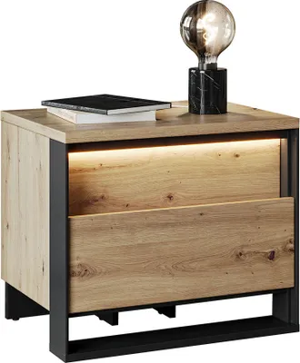 A modern nightstand with two drawers and integrated LED lighting, placed on a white background.