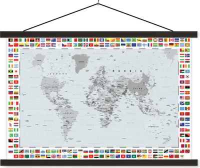 Produktbild von MuchoWow® Textilposter Weltkarte - Flagge - Schwarz - Weiß 90x60 cm mit schwarzem Rahmen - Aufhängungssatz