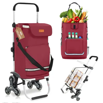 Produktbild von Sekey Einkaufstrolley Treppensteiger Klappbar Einkaufswagen mit Kühlfach Einkaufshilfe Trolley mit Spanngurt und höhenverstellbarem Griff, Rot