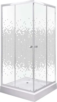 A square shower cabin with a white base and a transparent glass enclosure decorated with a pixelated pattern.