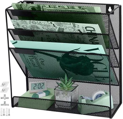 Image de Organisateur mural métallique Ibzoa® avec 4 compartiments – Organisateur A4 pour magazines et documents, à fixer au mur, en mesh transparent, avec accessoires de montage inclus