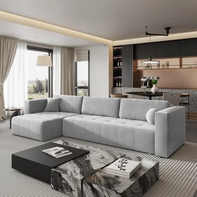 Produktbild von Masseno Ecksofa OLVERA mit Schlaffunktion L-Form, Sofa mit Bettkasten, Wohnzimmersofa, Couch, Soffa, Bettsofa, Couchgarnitur- Hellgrau, PAROS 05
