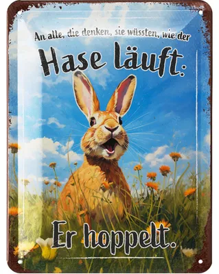Produktbild von LANOLU Retro Blechschild Der Hase hoppelt, vintage Metallschilder mit Sprüchen, Shabby Chic Deko Küche und Garten, 15x20cm