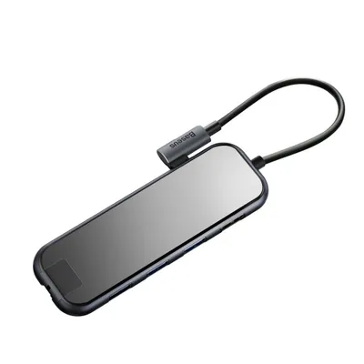 A product shot of a USB-C hub with a reflective surface and a short cable.