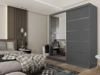 Produktbild von AGMAT Schwebetürenschrank Kira, Kleiderschrank mit 2 Türen und Spiegel, Moderne Garderobe in Farbe: Graphit, Schrank in Größe: 200 x 216 x 61 cm