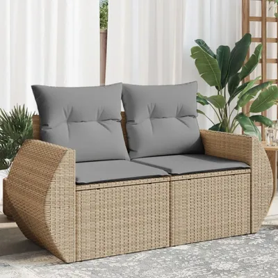 Produktbild von Gartensofa mit Kissen 2-Sitzer Beige Poly Rattan, Gartensofas 366095