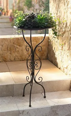 A black metal plant stand with a tray filled with green plants sits on a stone patio.