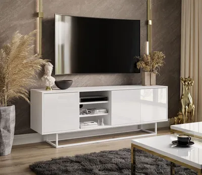 Produktbild von SANAYI RTV Schrank mit Ablagen weiß glänzend weißes Metallgestell