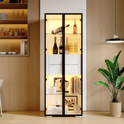 Produktbild von Vitrine mit LED und 2 Schubladen Highboard Wohnzimmerschrank Aufbewahrungsschrank 60*40*160cm