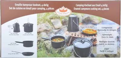 Produktbild von Esschert Design Outdoor Kochset - 4 teilig (Bratpfanne ø 25.4 cm, Topf mit Griff 1,9 L. ø 18,4 cm, Topf mit Henkel 3,3 L. ø 19 cm, Kaffekanne 1,9 L. (für 8 Tassen) ø 16 cm); FF215