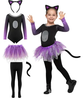 Productafbeelding van Set kattenkostuum voor meisjes, paars en zwart, met tutu-rok, maat S (5-7 jaar)