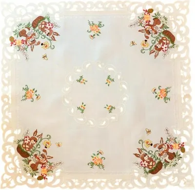 Image de Nappe, serviette brodée, Pâques, lapin de Pâques, écru 110 x 110