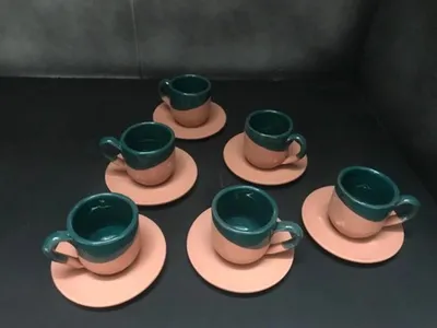 Produktbild von Keramik Espressoset 6-teilig - handgemachte Kaffeetassen mit Untertassen - ofenfest und spülmaschinengeeignet