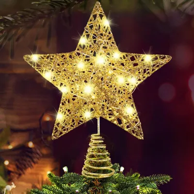 Image de Décoration de sommet de sapin de Noël, étoile dorée illuminée, avec LED, dimensions : 22,7 x 17,5 cm