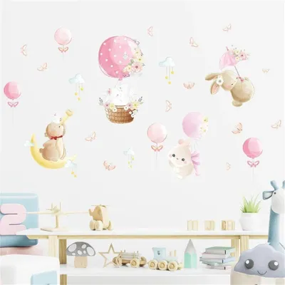 Produktbild von Riesenballon Wandsticker Kinderzimmer Wandtattoo mit rosa Ballons Wolken Tiere Mädchenzimmer Wanddeko selbstklebend groß