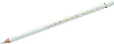 A white colored pencil with gold lettering on a white background.