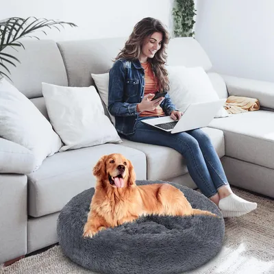 Obrázek produktu pro Pevná pelíšek pro psy a kočky, průměr 80 cm, dlouhý plyš, protiskluzová základna, tmavě šedá barva