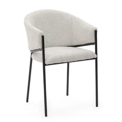 Zdjęcie produktu dla NEW HOME Krzesło BUENO do jadalni tapicerowane do salonu w tkaninie szenilowej boucle z podłokietnikami - jasnoszare - nowoczesne meble glamour