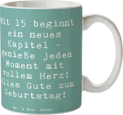 Produktbild von Mr. & Mrs. Panda Tasse Spruch 15. Geburtstag - Meeresbrise - Geschenk, Meilenstein, Happy Birthday, Glückwunsch, Kaffeebecher, Feier, Becher, Trinkbecher, Kaffeetasse
