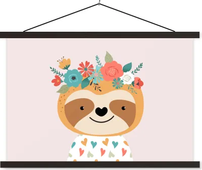 Produktbild von MuchoWow® Textilposter Faultier - Blumen - Tiere 90x60 cm mit schwarzem Rahmen - Aufhängungssatz