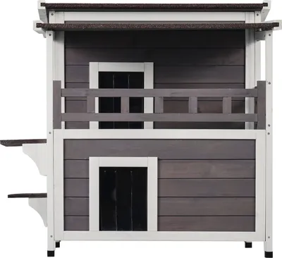 Image de SucceBuy Maison pour chats d'extérieur, résistante aux intempéries, abri pour chats sauvages, grande maison en bois à 2 étages avec balcon, portes, portillons en PVC et toit ouvert, 30 "L x 30 "W x 32 "H pour plusieurs chats
