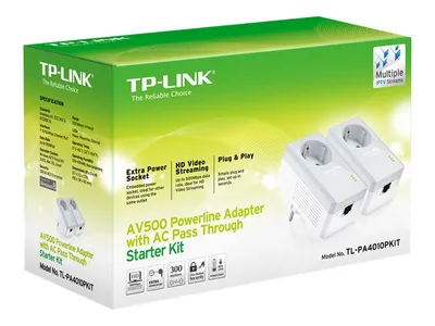 Obrázek produktu pro Startovací sada adaptéru TP-LINK AV500 Nano Powerline s přední zásuvkou (TL-PA4010PKIT)