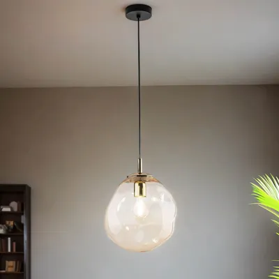 Produktbild von Pendelleuchte Metall Rauchglas E27 B: 25 cm H: max. 175 cm in Schwarz Bernstein Gold Modern Hängeleuchte