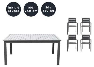 Produktbild von HOME DELUXE - Gartentisch ausziehbar - CASA - ca. 160 (240) x 100 x 74 cm - inkl. 4 Stühlen, Gestell und Tischplatte Aluminium - inkl. Zubehör I Gartenmöbel Ausziehtisch Balkonset