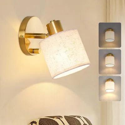 Image de Applique murale LED Rosikey à intensité variable pour chambre à coucher ou salon - Lampe murale E27 avec interrupteur - Abat-jour en tissu Lampe de chevet dorée