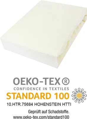 A folded fitted sheet on a white background with OEKO-TEX certification details below.